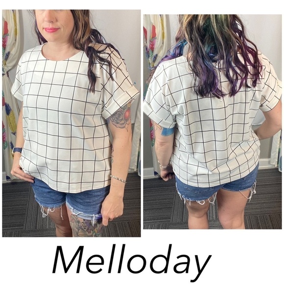 Anthro Melloday Windowpane V-Neck Cuff Sleeves Back Zip Knit Top white/black - Picture 1 of 13
